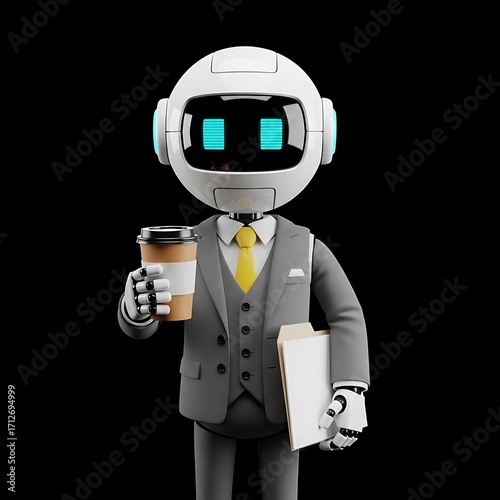 Friendly robot businessman holding coffee and a briefcase, ready for a business meeting