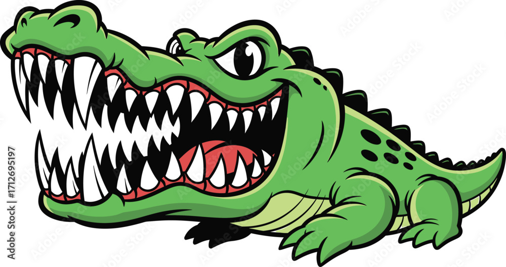 Naklejka premium Cartoon green crocodile with large teeth, mouth wide open, fierce