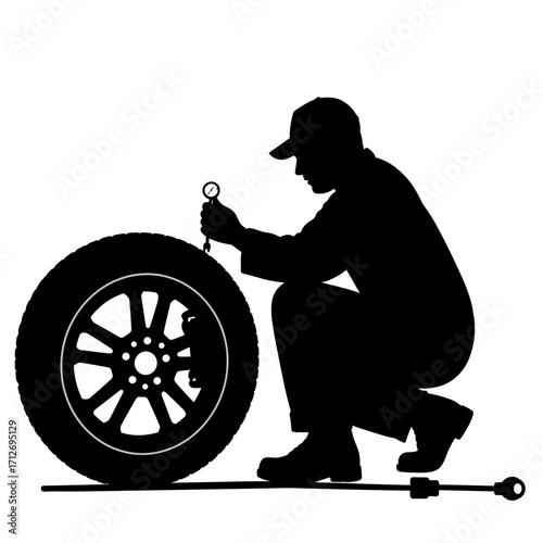 Mechanic inspecting car tire tread depth with gauge silhouette professional automotive service symbol isolated on white background