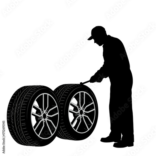 Automotive mechanic silhouette adjusting car tire with tools professional auto repair service concept isolated on white background