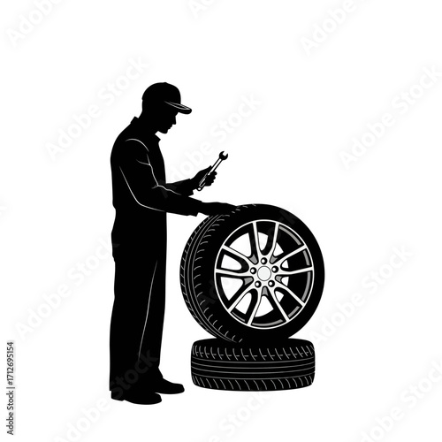 Automotive mechanic standing next to car tire inspecting with tool repair service concept isolated on white background