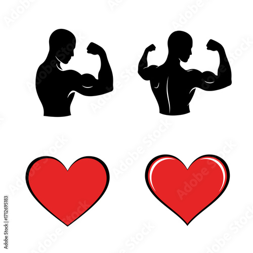 Silhouettes of muscular men flexing biceps paired with red heart icons representing strength and love isolated on white background