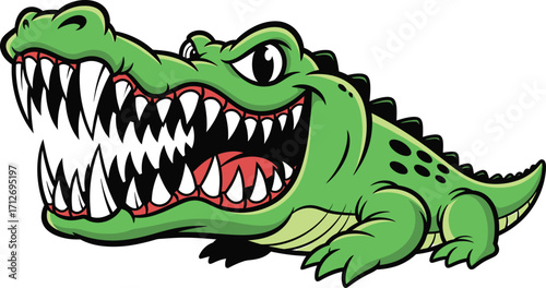 Cartoon green crocodile with large teeth, mouth wide open, fierce