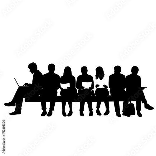Diverse group silhouettes sitting on a bench attending to devices and documents isolated on white background