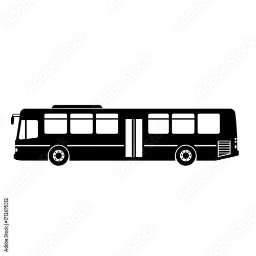 Classic black silhouette of a long passenger bus with multiple windows and doors isolated on white background