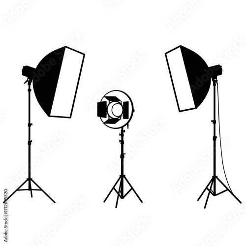 Professional photography lighting studio setup with softboxes and ring light for creative shoots isolated on white background