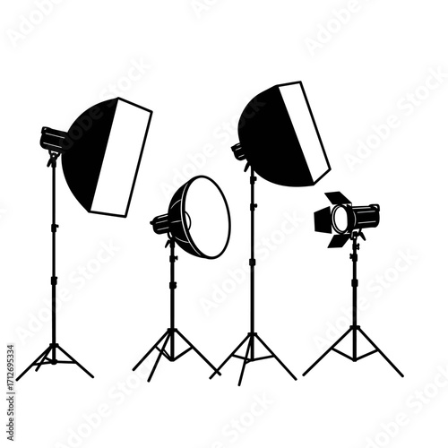 Studio lighting setup equipment with softboxes and stands photography studio lighting gear artistic drawing isolated on white background