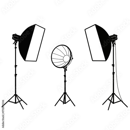 Professional photography studio lighting equipment setup with softboxes and umbrella reflector isolated on white background