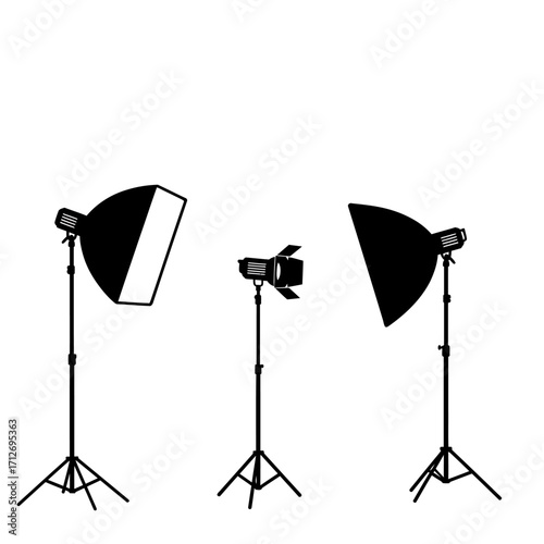 Three photography lighting studio equipment studio stands softboxes strobes professional lighting setup isolated on white background