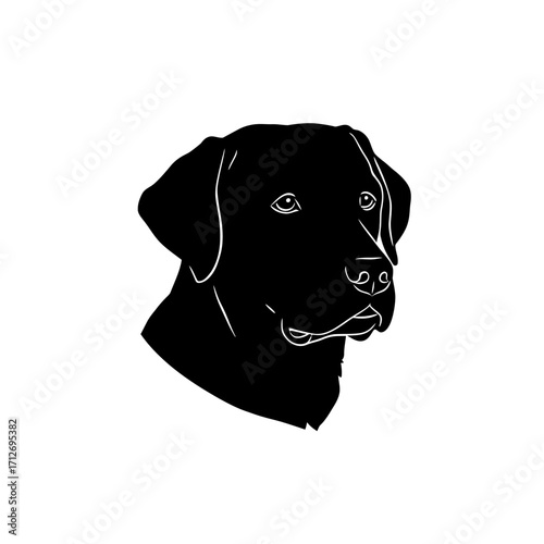 Silhouette portrait of a black labrador retriever dog head with detailed features and outline isolated on white background