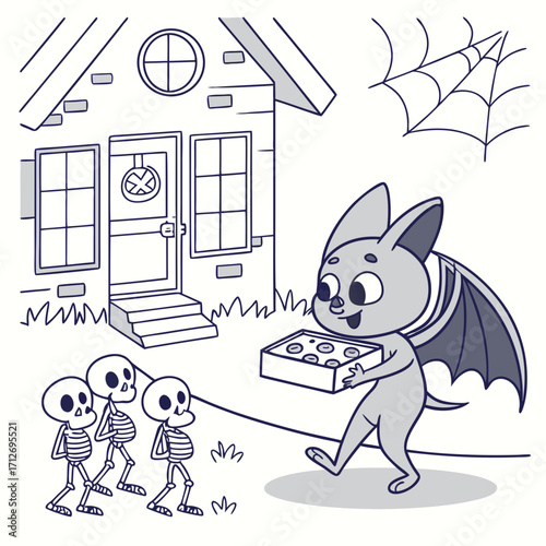 Bat Pizza Delivery Halloween Coloring Page