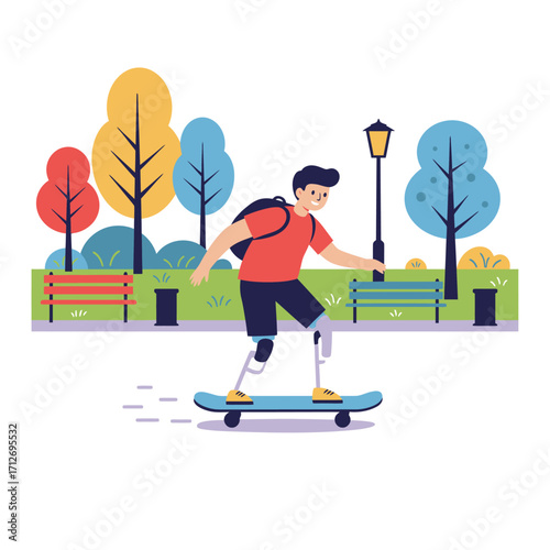 Active young man with prosthetic legs skateboarding through a vibrant park scene enjoying the outdoors isolated on white background
