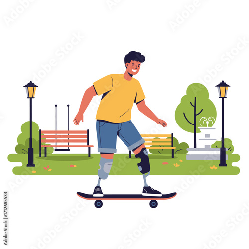 Amputee skater rides skateboard in sunny park with prosthetic legs enjoying outdoor activity isolated on white background