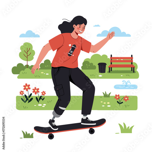 Person with prosthetic leg skateboarding through a vibrant park enjoying outdoor recreation isolated on white background