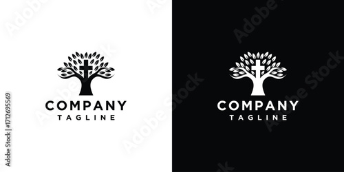 Illustration of a natural tree logo with a Christian cross background	
