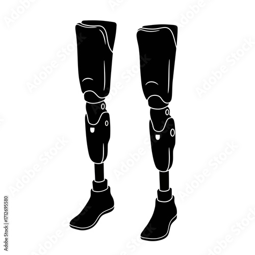 Realistic black and white image of two prosthetic legs showing advanced modern design isolated on white background