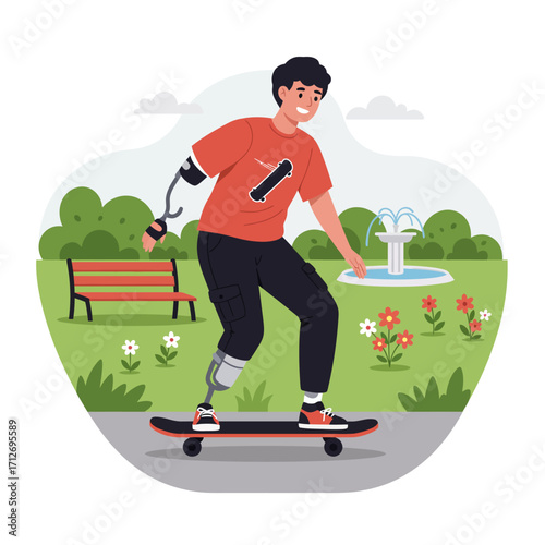 Person with prosthetic limbs skateboarding joyfully in a sunny park with fountain and flowers isolated on white background