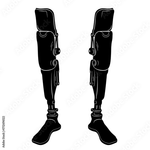 Two silhouette prosthetic legs for amputees showing detailed structure and fit isolated on white background
