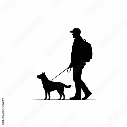 Silhouette of a man walking his dog on a leash with a backpack indicating adventure and companionship isolated on white background