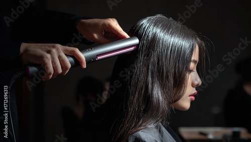 Asian Salon Hair Styling with Hana Hair Straightener, Woman Straightening Long Black Hair Using Pink and Black Flat Iron from Behind View