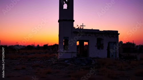 Silhouette of ruined church at sunset Vibrant sky landscape.