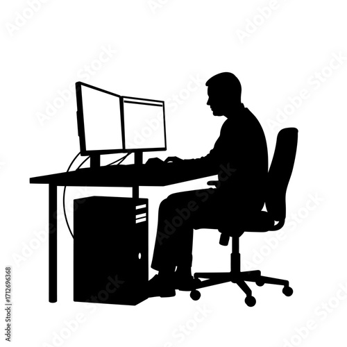 Silhouette of a person working at a dual monitor computer setup in a modern office environment isolated on white background