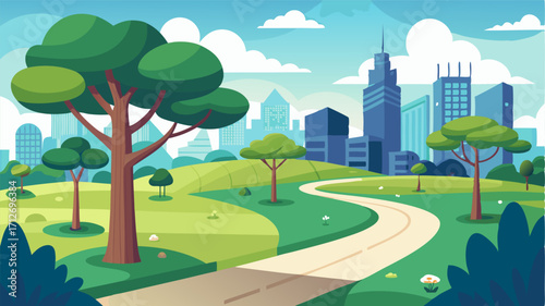 An urban park with towering trees winding paths and open grassy areas providing a serene escape from the concrete and cars.