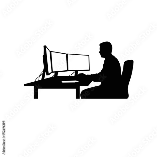 Silhouette of a person working at a dual monitor computer setup in a chair at a desk isolated on white background