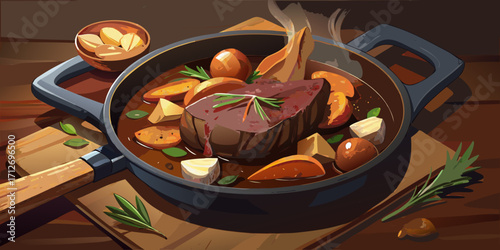 A closeup of a healthy Halloween pumpkin dish with fresh vegetables and gourmet mushrooms