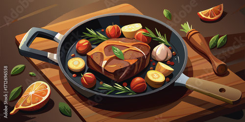 A vibrant meal of stir-fried vegetables and chicken, served in a steaming hot bowl, sits on a wooden table