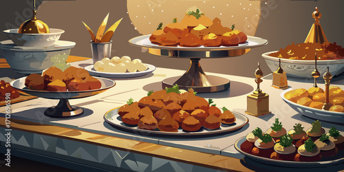 A delicious holiday dinner spread with festive cookies and fresh fruit on a beautifully set Christmas table