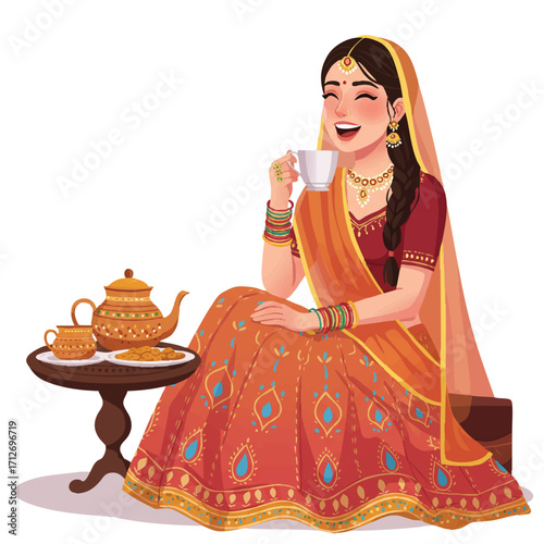 Joyful Indian woman in a vibrant colorful lehenga happily sips traditional chai with a snack plate, a clean flat 2D vector illustration against a pristine white background.