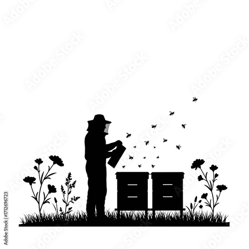 Beekeeper in protective gear tending to beehives amidst wildflowers and swarming bees isolated on white background