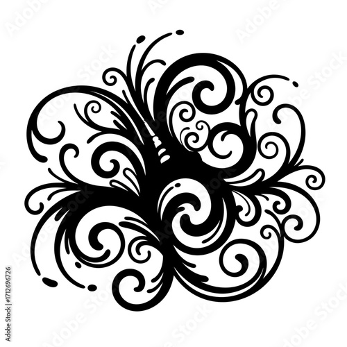Ornate black swirl flourish design decorative element for creative projects and artistic applications isolated on white background