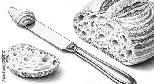 Bread with Butter, Knife, and Slices on a Neutral Surface