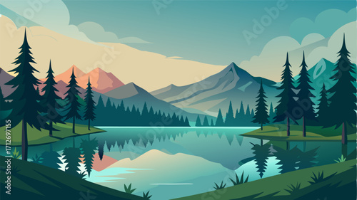 Ast the forest of soaring conifers a serene lake shimmers with the reflection of the surrounding nature.