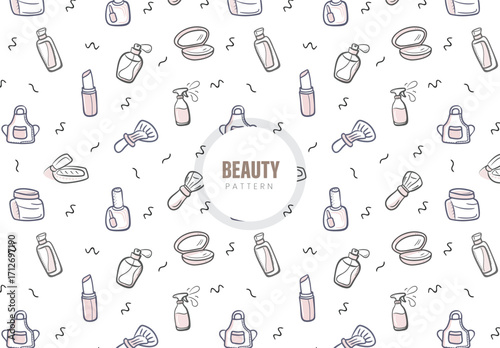  Seamless Beauty Pattern with Hand Drawn Makeup, Cosmetic Bottles, Lipstick, Perfume, Brushes, Skincare and Fashion Accessories Illustration