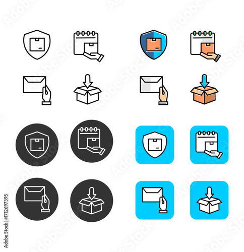 Delivery icons package handling, secure shipping, and mail service symbols for logistics and e-commerce
