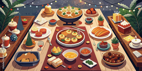 A gourmet spread for any celebration, featuring a festive Christmas table setting and a delicious birthday cake adorned with candles and flowers