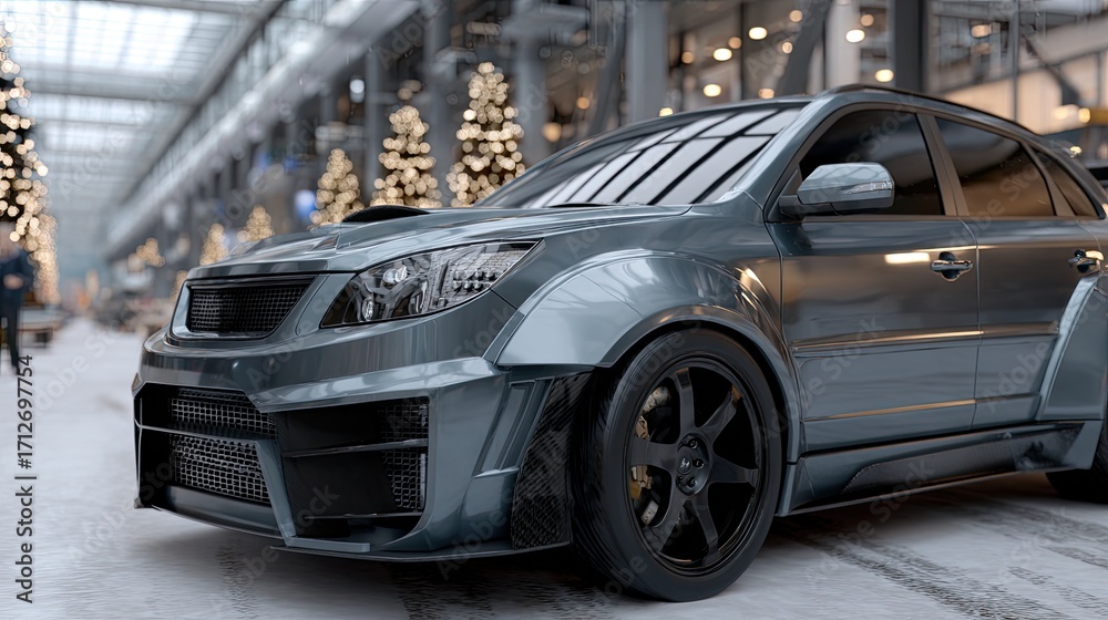 Obraz premium A sleek wide-body SUV stands out against a black background filled with stars and delicate snowflakes, highlighting its sporty features.