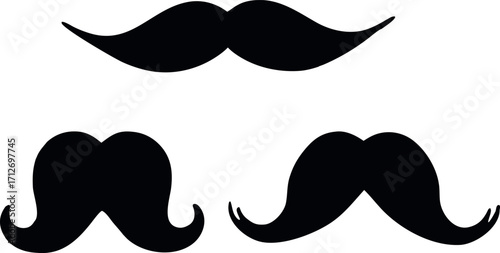 Black moustache silhouette vector set, Diverse facial hair icon styles, Barber retro vintage grooming illustration