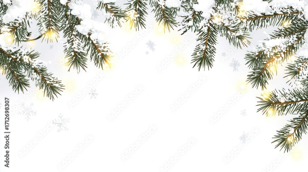 Fototapeta premium Branches with snow and lights pine background decoration.
