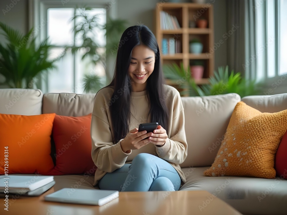 Obraz premium Smiling woman using smartphone at home