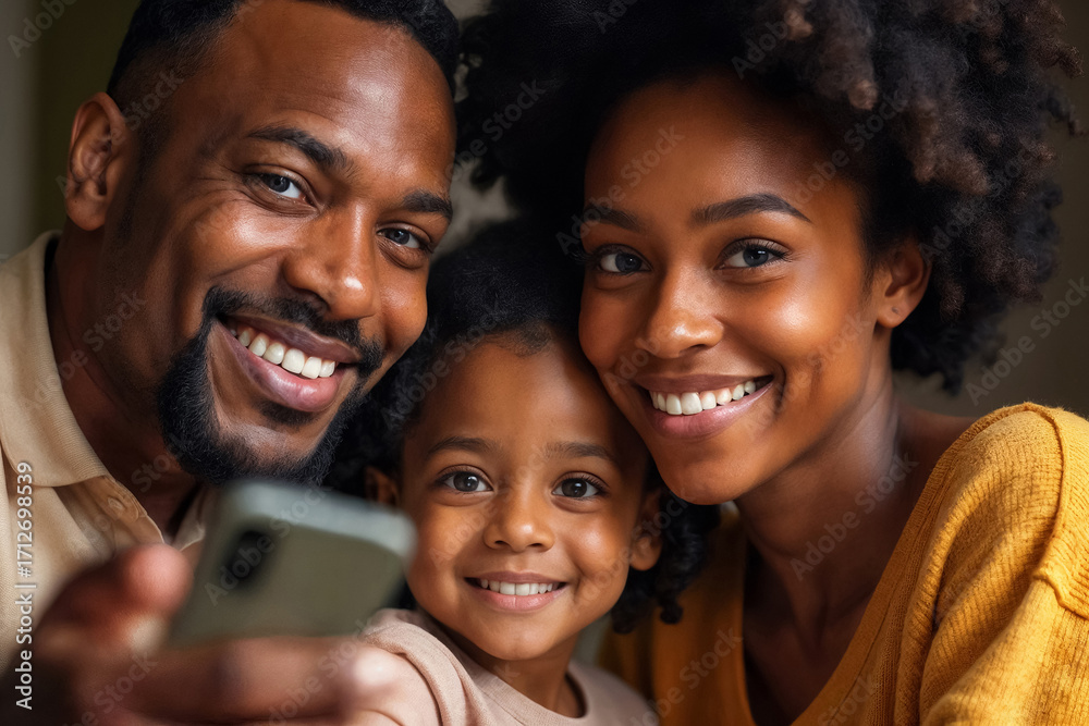 Fototapeta premium portrait of happy african american family taking selfie with smartphone at home, dad, mom and son