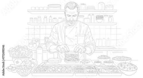Chef preparing a sandwich with fresh ingredients, line drawing