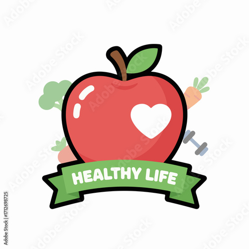 Flat vector apple fruit with heart symbol. Minimal 2D design representing healthy nutrition, wellness, diet, organic lifestyle, and balanced eating habits. Perfect for health and food concepts