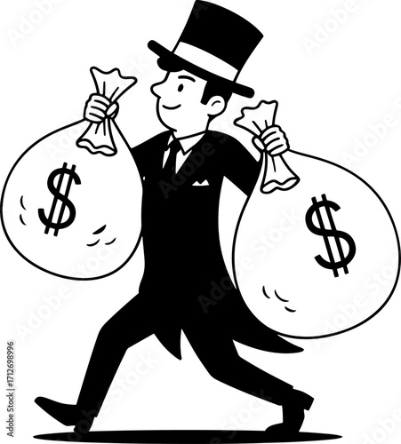 Wealthy gentleman in top hat carries heavy sacks of cash symbolizing financial success and abundant riches
