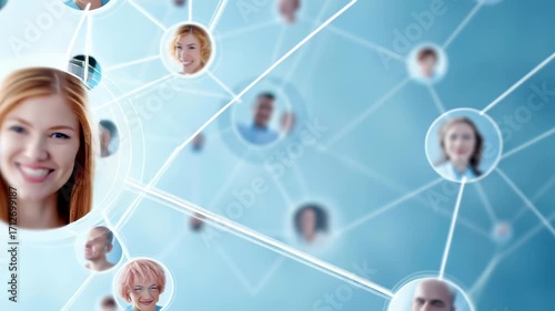 Diverse group of smiling people connected through digital network visualization, representing interconnected communication platforms with white connecting lines against blue background