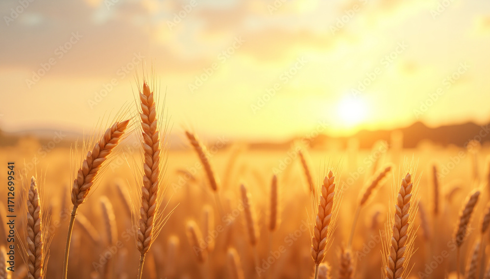 Fototapeta premium Golden wheat ears in a serene field during sunset with sun flare , copy space