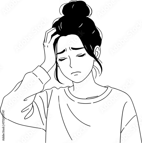 Woman with headache touching her temples experiencing stress and discomfort looking exhausted and unwell